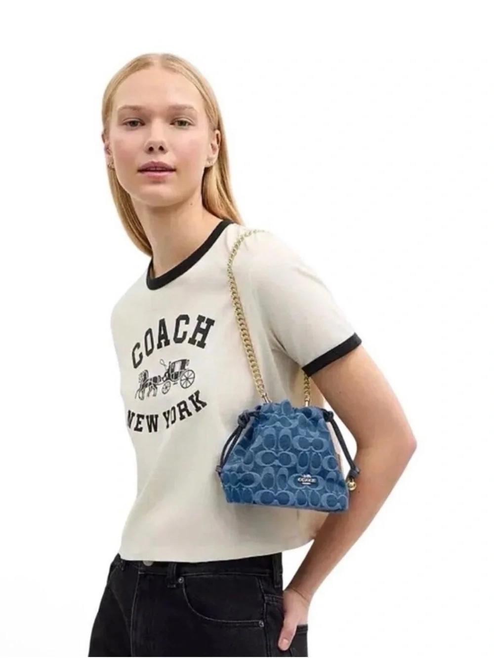 🩵Coach NWT Blue Denim Signature Drawstring Mini Faye Crossbody with Gold Chain - Picture 3 of 11